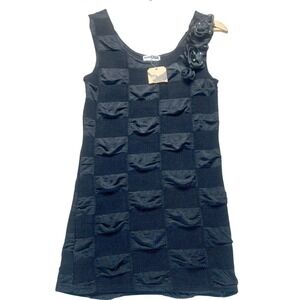 Night Owl Black Textured Checkerboard Mini Dress 3D Floral Shoulder Studs S Y2K